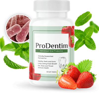 ProDentim bottle with natural ingredients: probiotics, mint, and strawberries for healthy teeth and gums. Advanced oral probiotics formula.